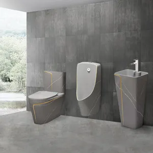现代浴室卫生洁具WC哑光灰色一体式陶瓷柱面盆马桶套装