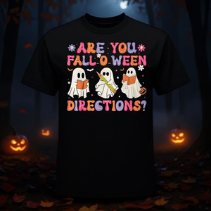 T-shirt unisexe pour adulte à manches courtes et col rond, imprimé numériquement, promotionnel, avec le motif 'Are You Fall O Ween Directions Teacher Halloween Ghost' - Product Image 3
