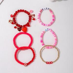Conjunto de Pulsera con Colgante de Corazón, 6 Piezas, Arcilla Polimérica Roja, Regalo de San Valentín para Mujer, Joyería - Product Image 3