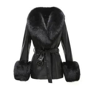Yeni varış tilki kürk yaka Trim deri ceket kadın siyah hakiki deri kürk ceket ile kürk