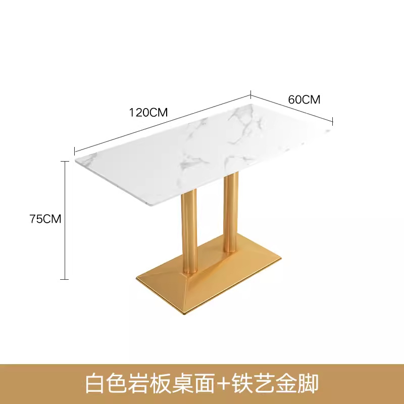 Flocon de neige blanc roche dalle longue table + fer forgé base or
