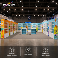 Stand d'exposition TIANYU avec structure en aluminium et graphismes textiles pour salons professionnels, branding modulaire, conférences et événements