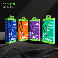 Maimi lampu USB tipe-c warna-warni, kabel pengisian daya Super cepat dengan lampu 1M CtoC kabel Data kepang ponsel 100W