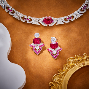 Ensemble collier et boucles d'oreilles en zircon et rubis en forme d'éventail en laiton, élégant, pour mariage, <span class=keywords><strong>chocolat</strong></span>, bijoux pour femmes, vente en gros - Product Image 2