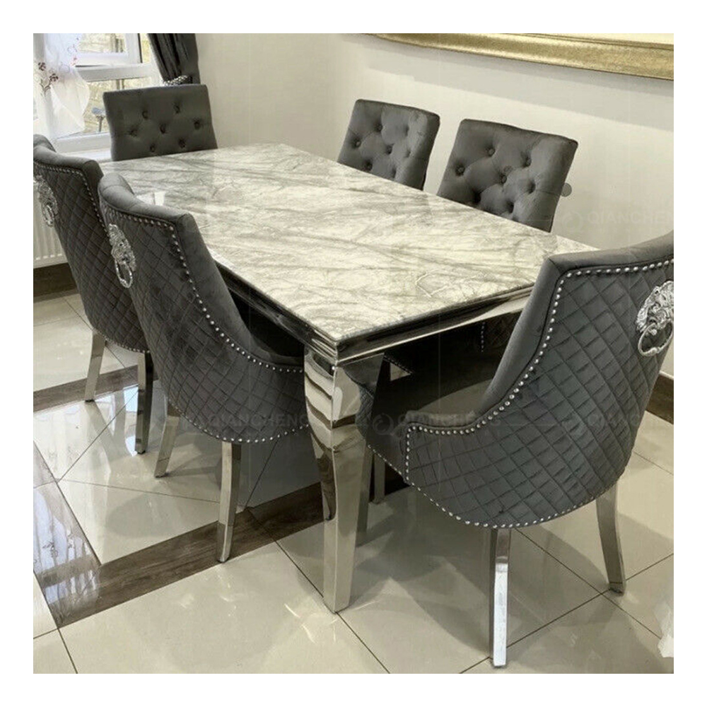 Nouveau design de luxe personnalisé rectangulaire 8 places pierre métallique tables à manger italiennes modernes tables à manger de luxe en marbre