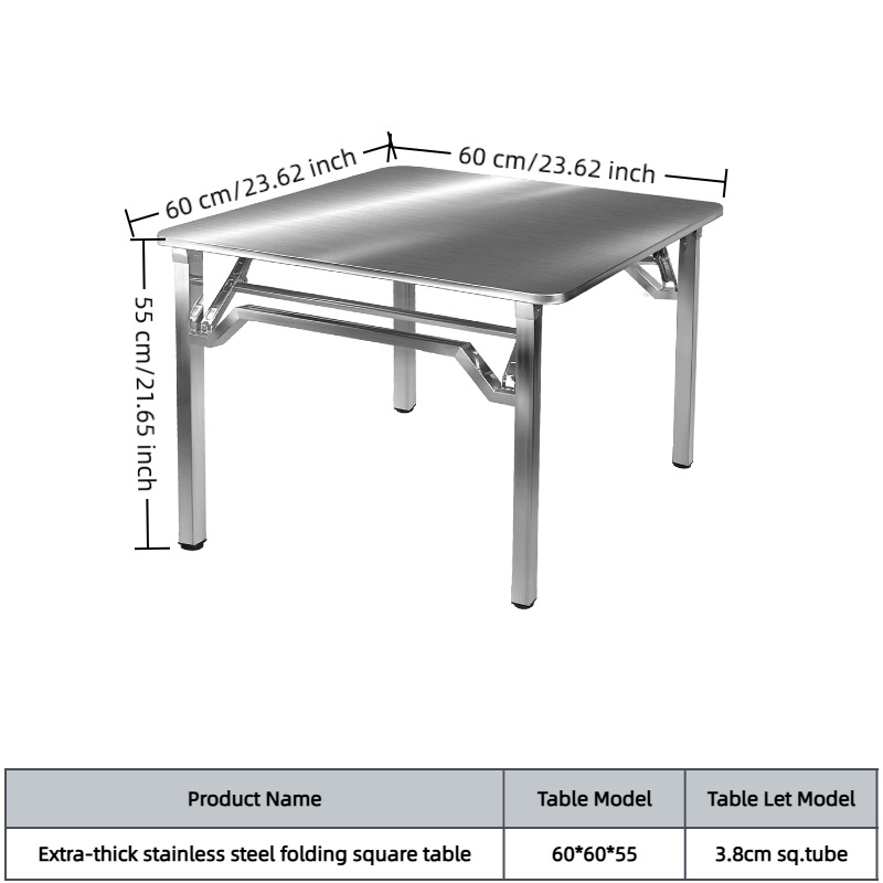 Mesa cuadrada plegable de 60x60x55 cm de grosor.