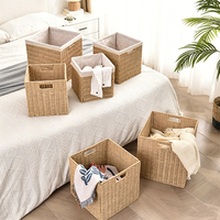 Boîte de rangement en corde de papier, pliable, avec paniers en rotin tressé, poignées intégrées et structure en fer