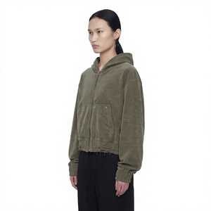 Olive Green Oversized Corduroy Hooded Sweatshirt Zip-<b>Up</b> Jacket Front Embroidered Patch Pocket Solid Pattern Autumn Casual Men's - Product Image 2