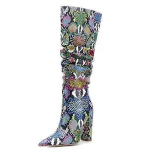 Stylish Plicated Upper Women Long Dress Boots Colorful Snakeskin Print Knee High Boots Pointed kappe Square Heel Stiletto Shoes