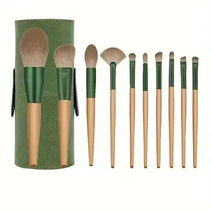 Hot Sale Skin-friendly Vegan Green Cosmetic Brush 10pcs Wooden Handle Foundation Powder Concealer Makeup Brush Set With Box Bag