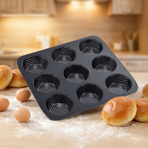 Moule à pains à hamburger antiadhésif de 3 pouces, 9 cavités, en acier au carbone épais pour la cuisson de hamburgers faits <span class=keywords><strong>maison</strong></span> - Product Image 1