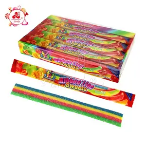 Halal Ribbon Line Sweet Sugar Coated Rainbow Long Gummy Candy Sour Soft Chewy Candy