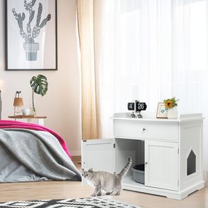 Meuble <span class=keywords><strong>de</strong></span> toilette pour <span class=keywords><strong>chat</strong></span> dissimulé avec tiroir et 2 portes, armoire <span class=keywords><strong>de</strong></span> rangement intérieure, table <span class=keywords><strong>de</strong></span> chevet (Blanc) - Product Image 2