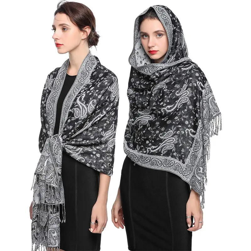 2024 nuevo diseño moda cálido invierno Pashmina chal bordado Cachemira con borlas Popular Pashmina Hijab