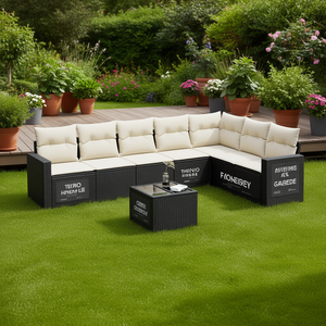 Conjunto de Sofá de Jardín de Ratán Negro con Cojines Crema, Muebles de Exterior de Diseño Contemporáneo, Mimbre de PE Resistente al Agua y a los Rayos UV - Product Image 2