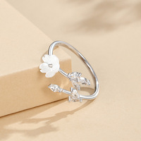 Bague fine en argent sterling 925, motif fleur et feuille, zircon cubique, bague ouverte, bijoux tendance plaqués or, bague ajustable