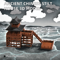 Modèle 3D miniature de maison chinoise traditionnelle à deux étages sur échasses, style ancien, ornement de paysage aquatique et terrestre pour cour