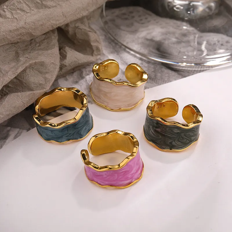 Hot Fashion Chunky Rings Jewelry Woman 18K Gold Enamel Rings 925 Silver Resizable