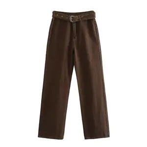 Vendita calda colore marrone telai cerniera fly pantaloni jeans donna moda casual a figura intera