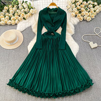 Robe élégante pour femmes, style doux, col tailleur, jupe longue plissée à volants 3D, robe élégante, robes décontractées
