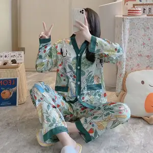 Spring new silk ice silk ladies pajamas long sleeve trousers home clothes cardigan ice silk two sets of pajamas manufacturers di