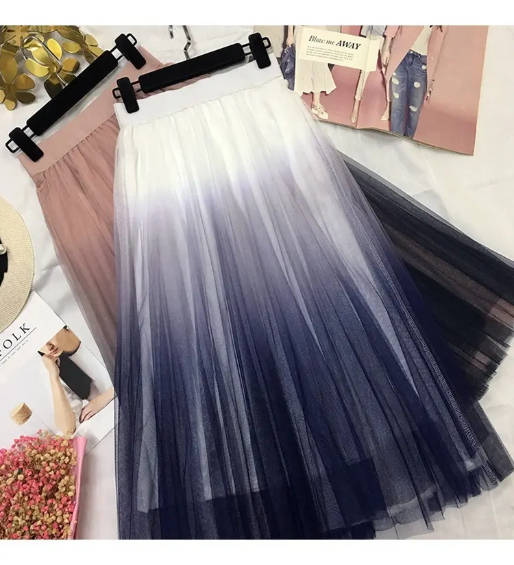 Summer New Long Tulle Skirt Women Gradient Korean Elegant High Waist A-line Pleated Midi Tulle Skirt Female