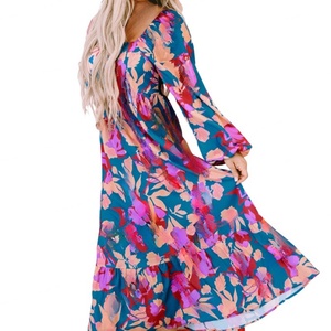 Retro Multi-color Printed square Neck Women's <b>Dress</b> Casual Versatile Women's <b>Dress</b> - Product Image 6