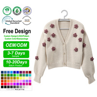 Cardigan décontracté pour femme, personnalisé, en maille tricotée à la machine, motif floral 3D uni, anti-plis, style vintage, col en V, court, boutonné, à manches longues