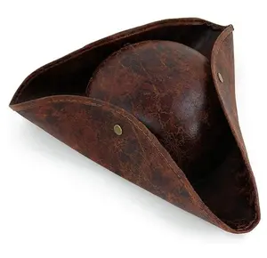 Brown Distressed Leather Adult Caribbean Tricorn Pirate Hat 3 Cornered Cocked Cap For Cosplay Party Costume Accessory