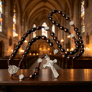 Rosario de Madera con Cuentas, Cruz de Plata, Crucifijo INRI, Joyería Religiosa Católica Cristiana, Unisex, Hecho a Mano, Estilo Antiguo - Product Image 4