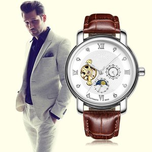 <span class=keywords><strong>Montre</strong></span> mécanique <span class=keywords><strong>à</strong></span> cinq aiguilles incrustée de diamants, <span class=keywords><strong>montre</strong></span> squelette tourbillon soleil lune étoile avec bracelet en cuir pour homme - Product Image 4