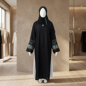 Elegante Conjunto Modesto Abaya Negro Turquesa Bordado - Product Image 3