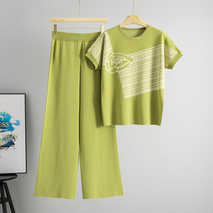 Ensemble de chandails en tricot pour femmes, été, manches courtes, pantalon ample, deux pièces, vêtements décontractés tendance - Product Image 4