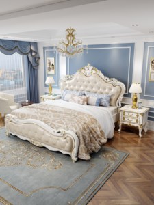 Luxury Upholstered King Size Bed, Classic Carved Solid Wood Double Bed Frame for Bedroom Furniture - Product Image 2