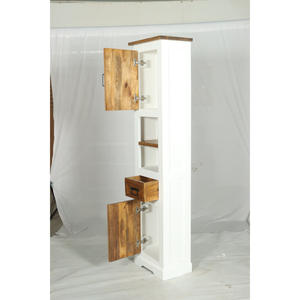Mueble de Baño Muro en Blanco y Madera Natural Sólida, Mueble Alto de Almacenamiento para Baño con Cajón - Product Image 3
