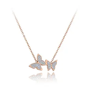 Rose Gold Plated Trendy Crystal Pave Mooie Leuke Minimalistische Delicate Rvs Vlinder Choker Ketting Voor Lady Vrouwen