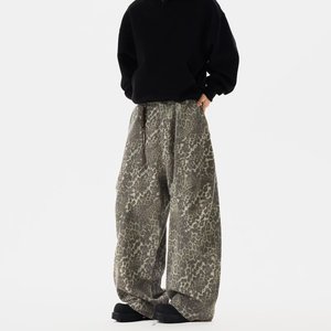 American Retro Leopard Print Scimitar Wide-Leg Low Waist High Street Loose Casual Spring Autumn Cool Workwear <b>Jeans</b> - Product Image 1