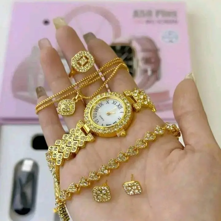 Trendy a58plus smartwatch ladies golden quartz watches chain 2024 a58 plus smart watch luxury gift sets box jewelry for women