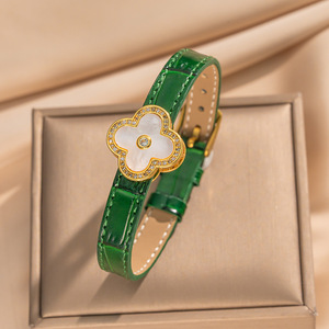 新款上市18k镀金不锈钢设计师珠宝四叶三叶草皮革手链 - Product Image 6