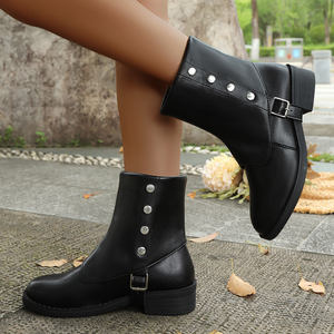 Botines Negros Impermeables para Mujer, Cómodos y Elegantes, con <span class=keywords><strong>Tachuelas</strong></span> Plateadas y Hebilla para Uso Diario - Product Image 4