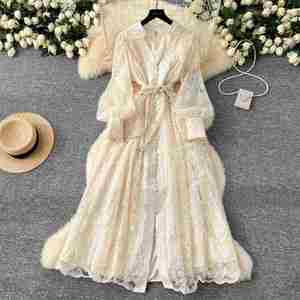 Vestido Midi de Mujer con Cuello V Romano Vintage, Tejido Sólido Ecológico, Transpirable, Corte A, Manga Linterna, Estilo Túnica Casual, Colección Primavera 2025 - Product Image 2