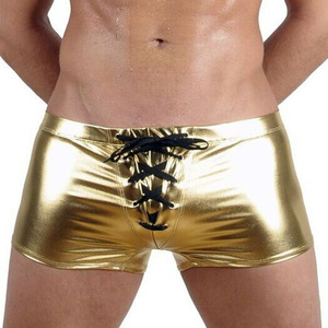 Boxer slip da uomo in tinta unita costume da bagno intimo uomo metallizzato lucido pantaloncini da bagno per uomo con Lace up elasticizzato - Product Image 4
