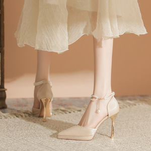 Elegantes Sandalias de Tacón Alto con Punta Puntiaguda y Decoración de Perlas, Zapatos de Mujer Estilo Verano 1085A - Product Image 3