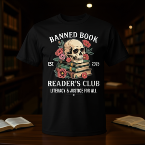 Camiseta del Club de Lectores de Libros Prohibidos, Literacy Justice For All, diseño de calavera, color negro - Product Image 3
