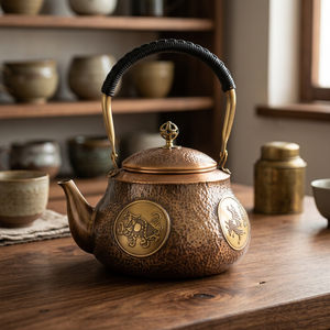 Théière traditionnelle chinoise en métal avec couvercle et poignée, couleur bronze, design décoratif - Product Image 4