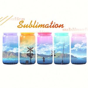Mug transparent pour sublimation 16 oz, canette de bière en verre colorée 16 oz avec couvercle en bambou et pailles - Product Image 3