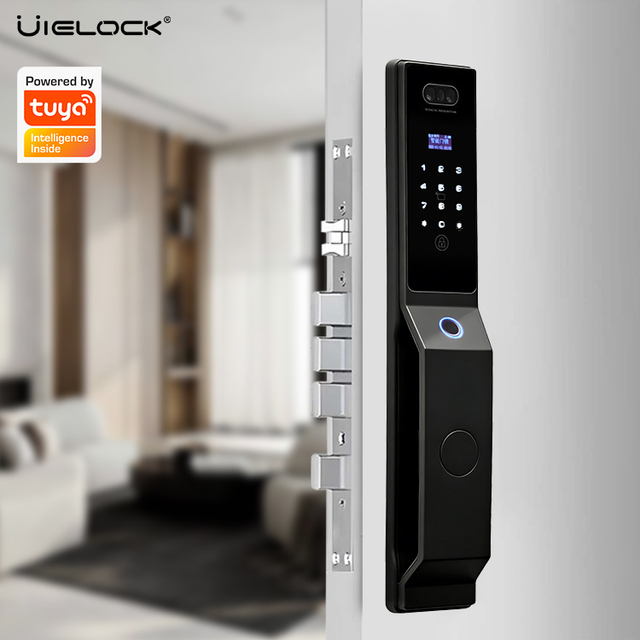 UIELOCK Q65 Intelligent WIFI Fingerprint Door Lock with Camera for Wood Doors Customizable Language Black Electronic Lock