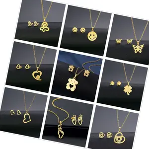 Fashion Necklace Earrings Set Geometry Shape Stainless Steel Heart Pendant Hand Heart Gesture For Women Jewelry