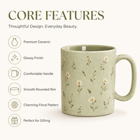 Tasse à boisson en céramique grès de qualité supérieure, motif floral marguerite blanc brillant vert sauge, pour le petit-déjeuner, la cuisine et la salle à manger