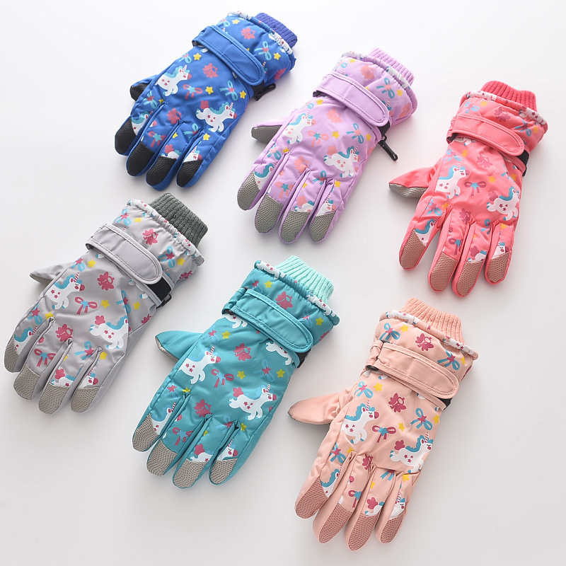 Оптовая продажа, Детские Зимние теплые водонепроницаемые перчатки с единорогом, Детские лыжные перчатки с пятью пальцами